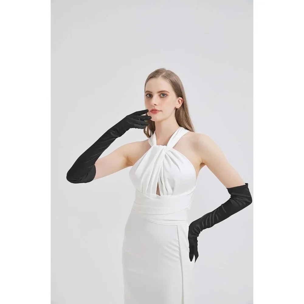 Women's Black Long Imported Satin Elbow Length Halloween Cosplay Opera Gloves